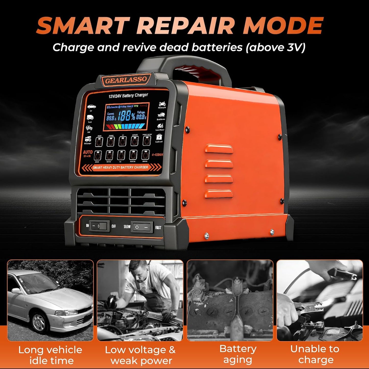 12V 24V Car Battery Charger Heavy Duty, 0-15A Automatic Battery Maintainer with Auto Shutoffs, Repair and Winter Mode, Smart Trickle Charger for Car Truck Motorcycle RV AGM Deep Cycle