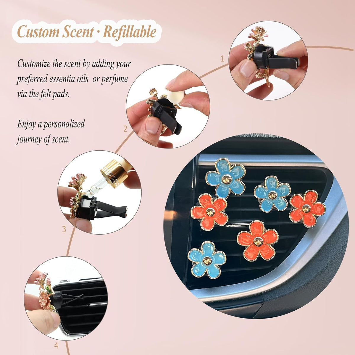 ORIESSE 6pcs Flowers Car Air Freshener Vent Clips Purple White Daisy Air Vent Clip Car Accessories for Women 3.3cm/3cm Flower Vehicle Interior Decor Refillable Diffuser