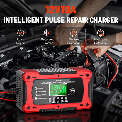 Battery Charger 15A 12V Fully Automatic Smart Trickle Car Battery Charger Maintainer with LCD Display & Temperature Compensation for Car Truck Motorcycle Lawn Mower Boat