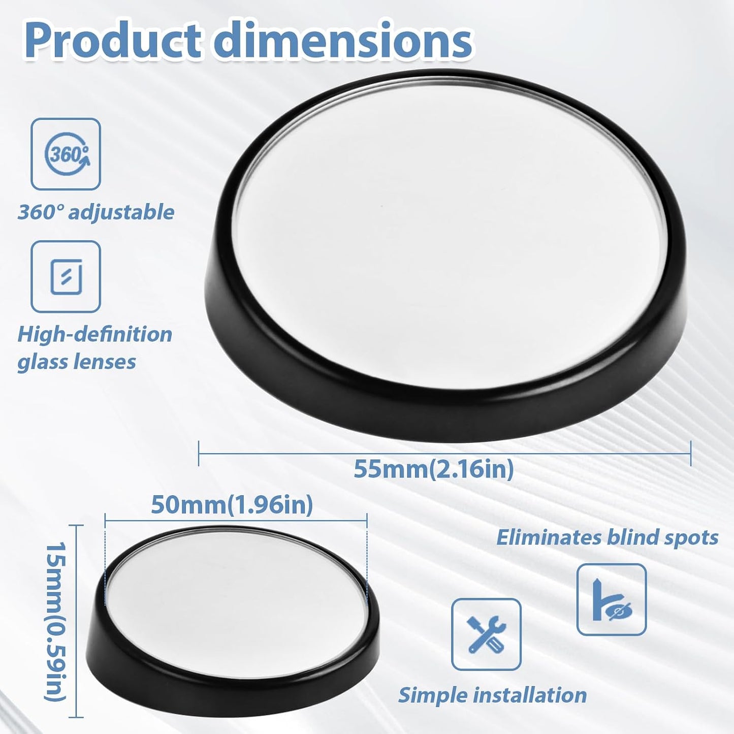Blind Spot Mirror, HD Glass & ABS Housing, 360° Adjustable Convex Wide Angle Rear View Mirror, Stick-On Universal Fit for Car SUV Truck RV Van, Black (2, Round, Black Stick)