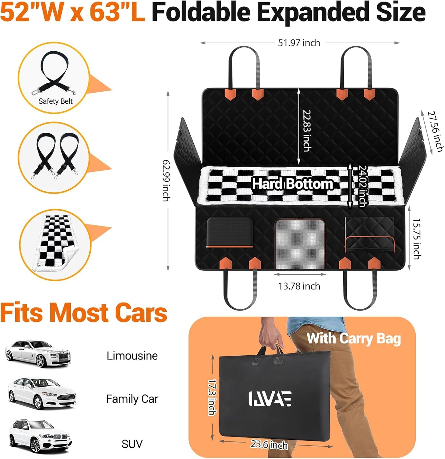 IJVAE Dog Seat Cover for Back Seat, Hard Bottom Back Seat Extender Holds 500 lbs, Waterproof & Nonslip Car Hammock for Large Pets, Comfortable Travel Seat Protector for SUV and Sedan