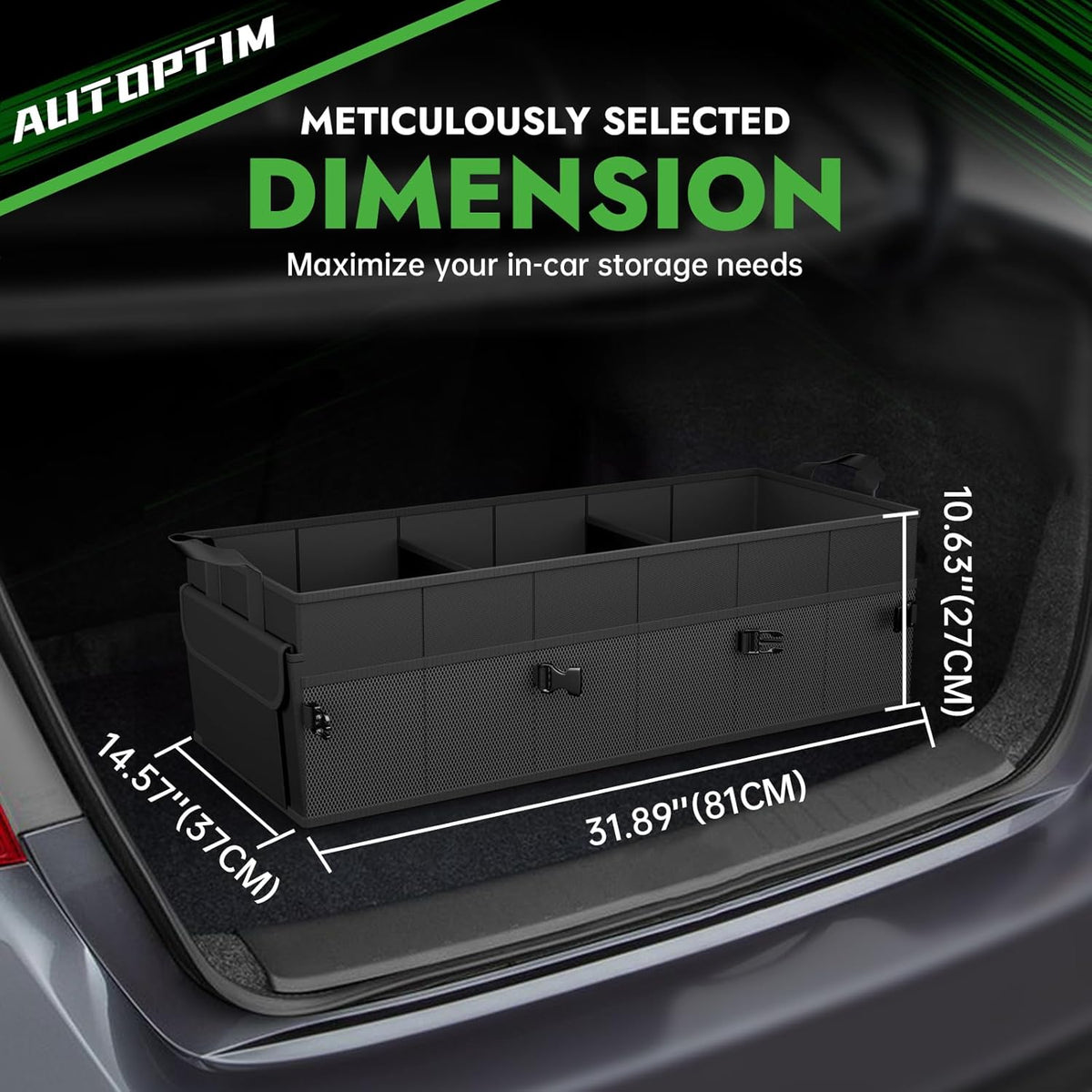 AUTOPTIM Car Trunk Organizer - Collapsible Car Organizer with Non Slip Bottom & Multiple Pockets for Groceries, Trunk Storage with Base Panel for SUV Sedan Van, 2 Compartments (Black, Small)