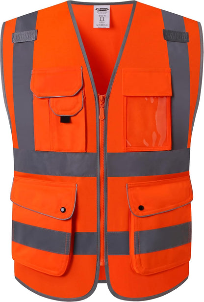 JKSafety 9 Pockets Class 2 High Visibility Zipper Front Safety Vest With Reflective Strips,Meets ANSI/ISEA Standard (Large, 150-Yellow) - Colors A