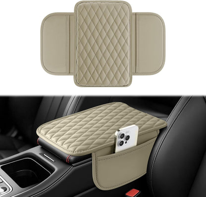 Amiss Car Center Console Cover, Upgraded Leather Car Armrest Cushion with 2 Storage Pockets, Universal Waterproof Cushion Pad, Non-Slip Car Interior Accessories, Fits Most Sedans SUVs Trucks (Black)