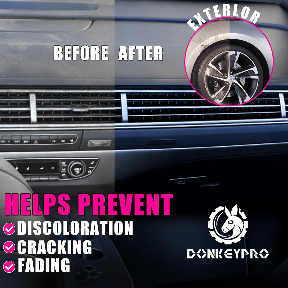 DONKEYPRO Interior Car Cleaner & Polishing - Repels Dust & Staining, Restores & Protects Plastic, Vinyl, Leather, Dashboard - UV Guard, Anti-Aging, Exterior & Interior Car Detailer Spray (3 x 15oz)