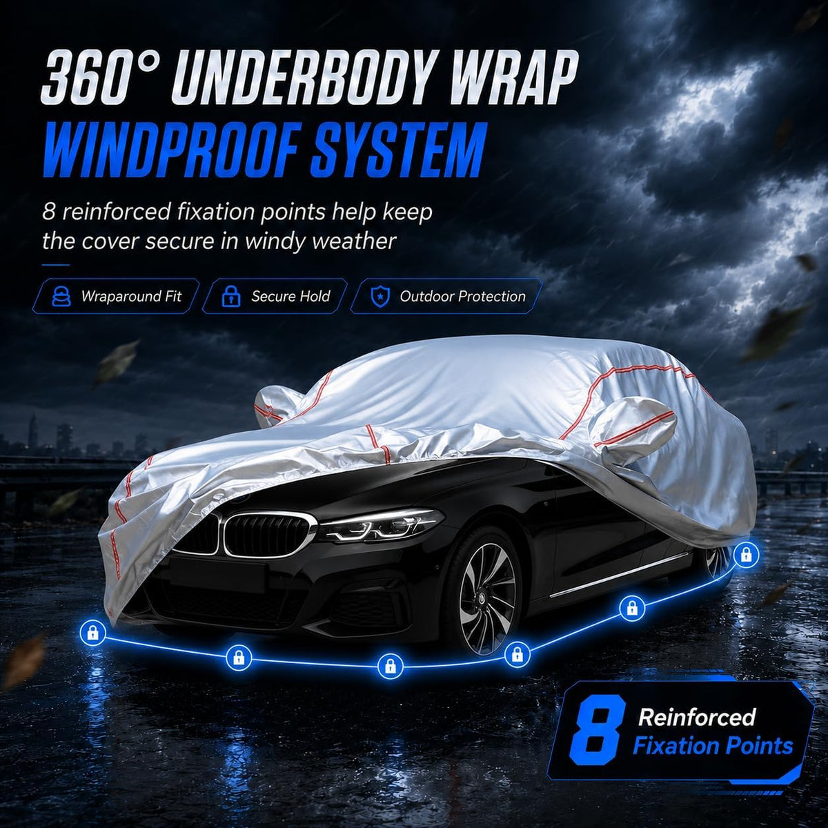 Car Cover for Sedan, Waterproof All Weather Heavy Duty, 360° Underbody Wrap Windproof Design, Quick Install Outdoor Vehicle Cover, Fits 186-193 in