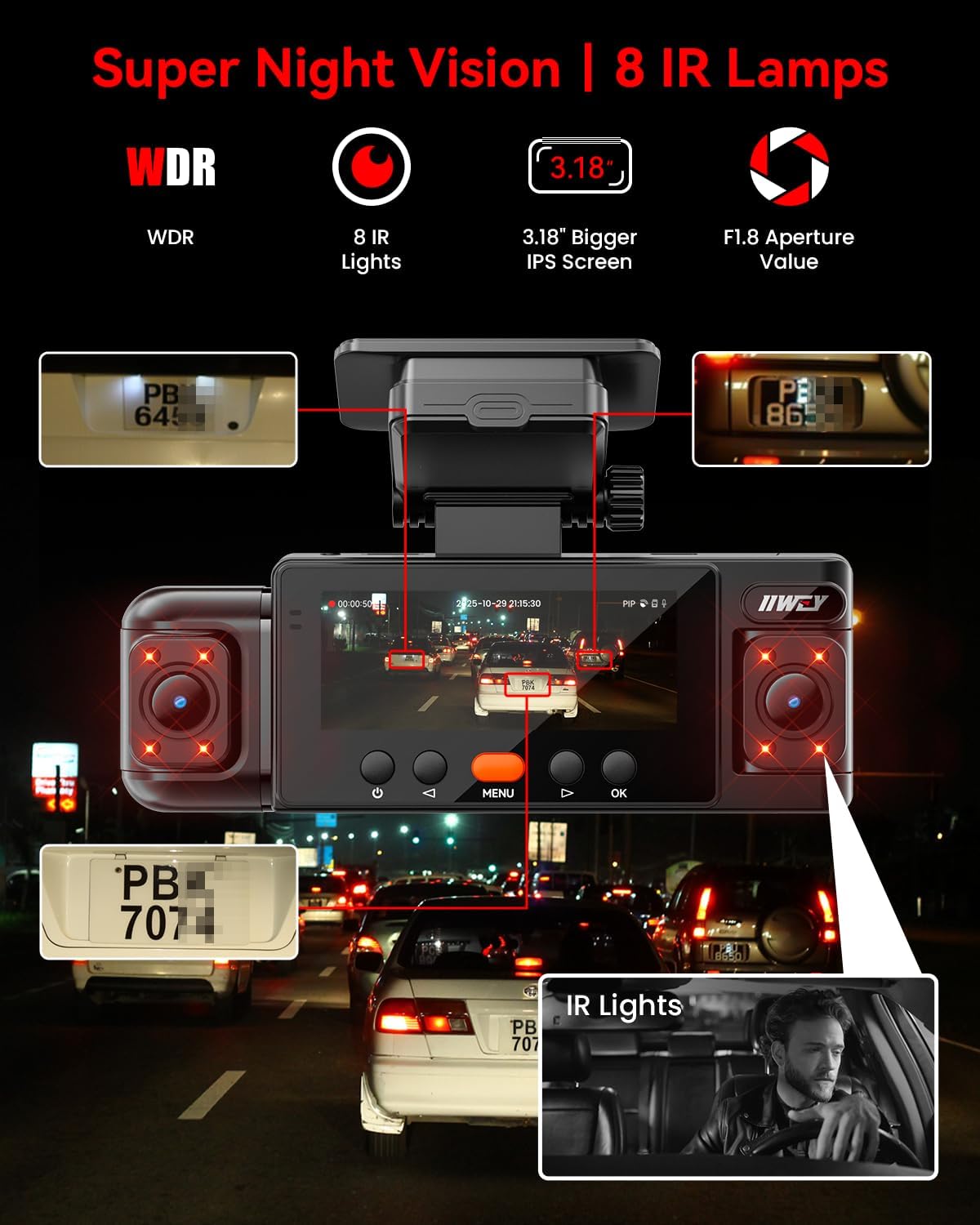 IIWEY N6 360° Dash Cam 4 Channel, 5.8G WiFi-6 (up to 20MB/s) with App, Free 128GB Card, FHD Front & Rear Inside Dash Cam for Car, 8 IR Lights Night Vision, GPS, 24/7 Parking Mode, G-Sensor