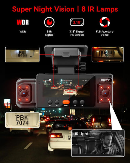 IIWEY N6 360° Dash Cam 4 Channel, 5.8G WiFi-6 (up to 20MB/s) with App, Free 128GB Card, FHD Front & Rear Inside Dash Cam for Car, 8 IR Lights Night Vision, GPS, 24/7 Parking Mode, G-Sensor