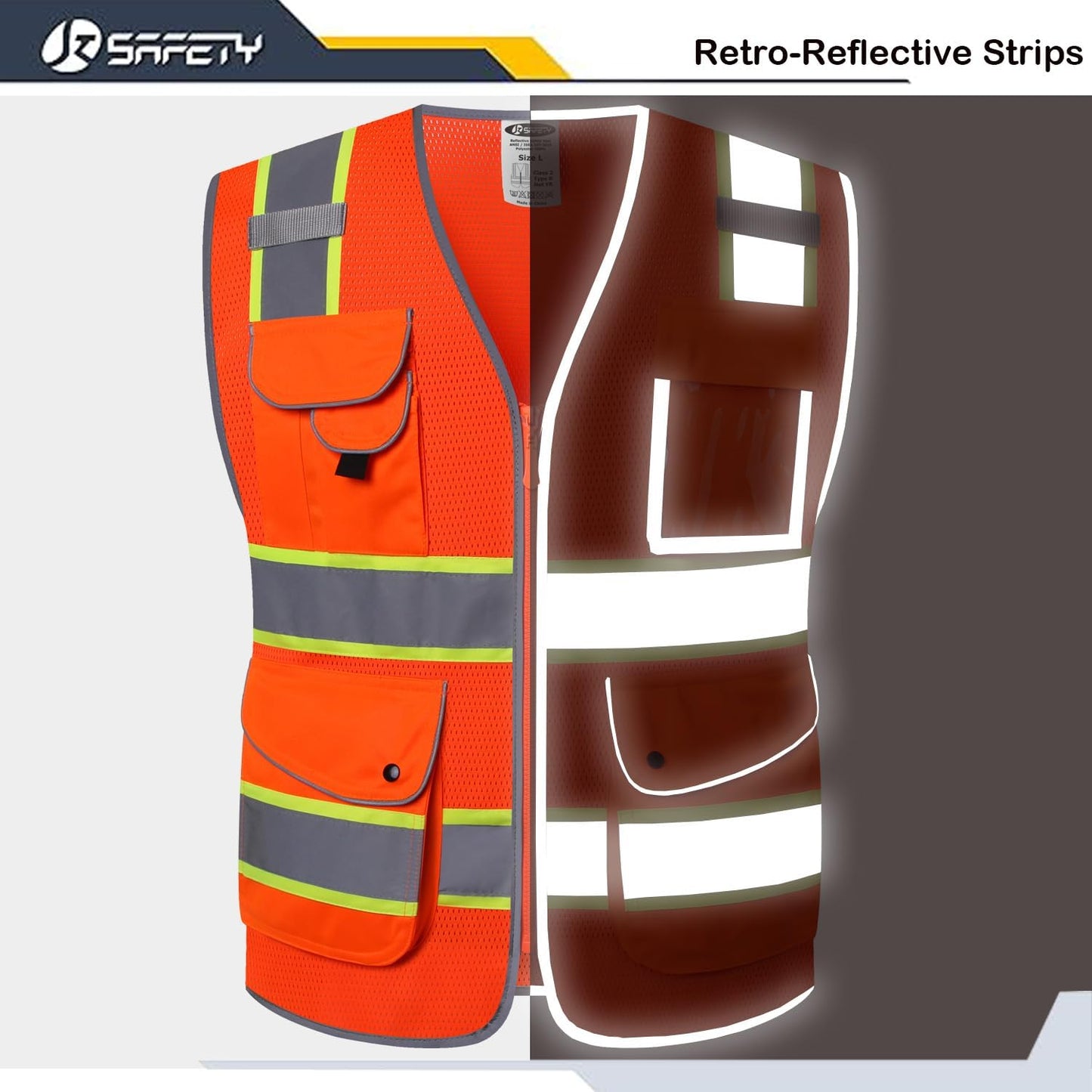 JKSafety 9 Pockets Class 2 High Visibility Zipper Front Safety Vest With Reflective Strips,Meets ANSI/ISEA Standard (Large, 150-Yellow) - Colors A