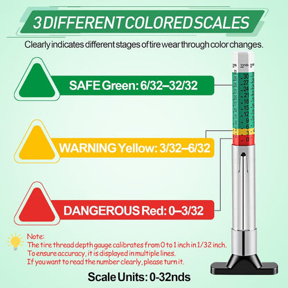 3-Pcs Tire Tread Depth Gauge in 1/32 Inch, Color Coded Tire Depth Gauge with Pocket Clip, Tread Depth Accurate Measurement Tools for Car, Trucks, SUV, Motorcycle, Bike (with 5Pcs Tire Valve Stem Caps)