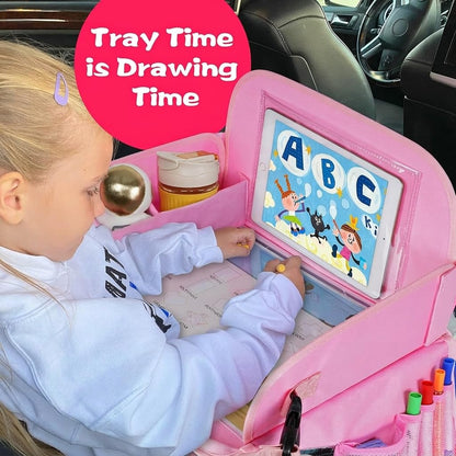 MENZOKE Kids Travel Tray for Toddler Car Seat, Road Trip Activities for Kids with iPad Holder Stand & Dry Erase Board, Road Trip Essentials Accessories Lap Tray as Travel Gifts for Kid, Pink