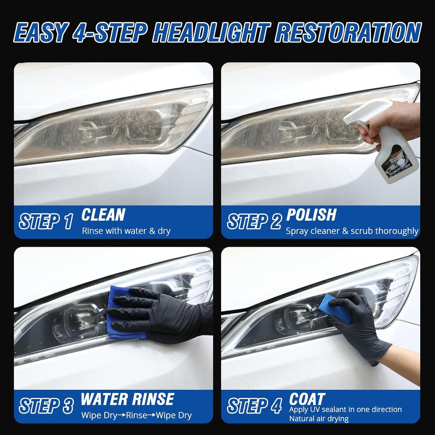 Headlight Restoration Kit -Yellowed Oxidized Foggy Headlight Repair Spray-On No Sanding Restoration Kit Headlight Cleaner & Restorer with Protective Coating for All Vehicles