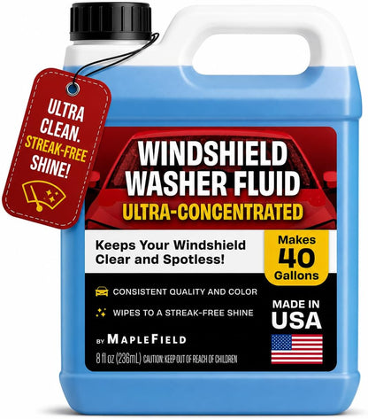Maplefield Windshield Washer Fluid Concentrate - 8 Fl Oz, Makes 40 gal - All-Season Streak-Free Windshield Wiper & Window Washer Fluid