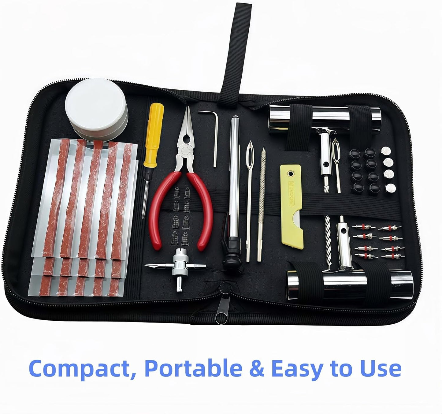55PCS Tire Repair Kit – Heavy Duty Plug & Patch Kit with Tire Gauge & Valve Tools – Emergency Flat Tire Repair for Car, Truck, Motorcycle, ATV, SUV – Includes Storage Bag & Manual