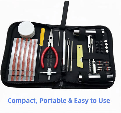 55PCS Tire Repair Kit – Heavy Duty Plug & Patch Kit with Tire Gauge & Valve Tools – Emergency Flat Tire Repair for Car, Truck, Motorcycle, ATV, SUV – Includes Storage Bag & Manual