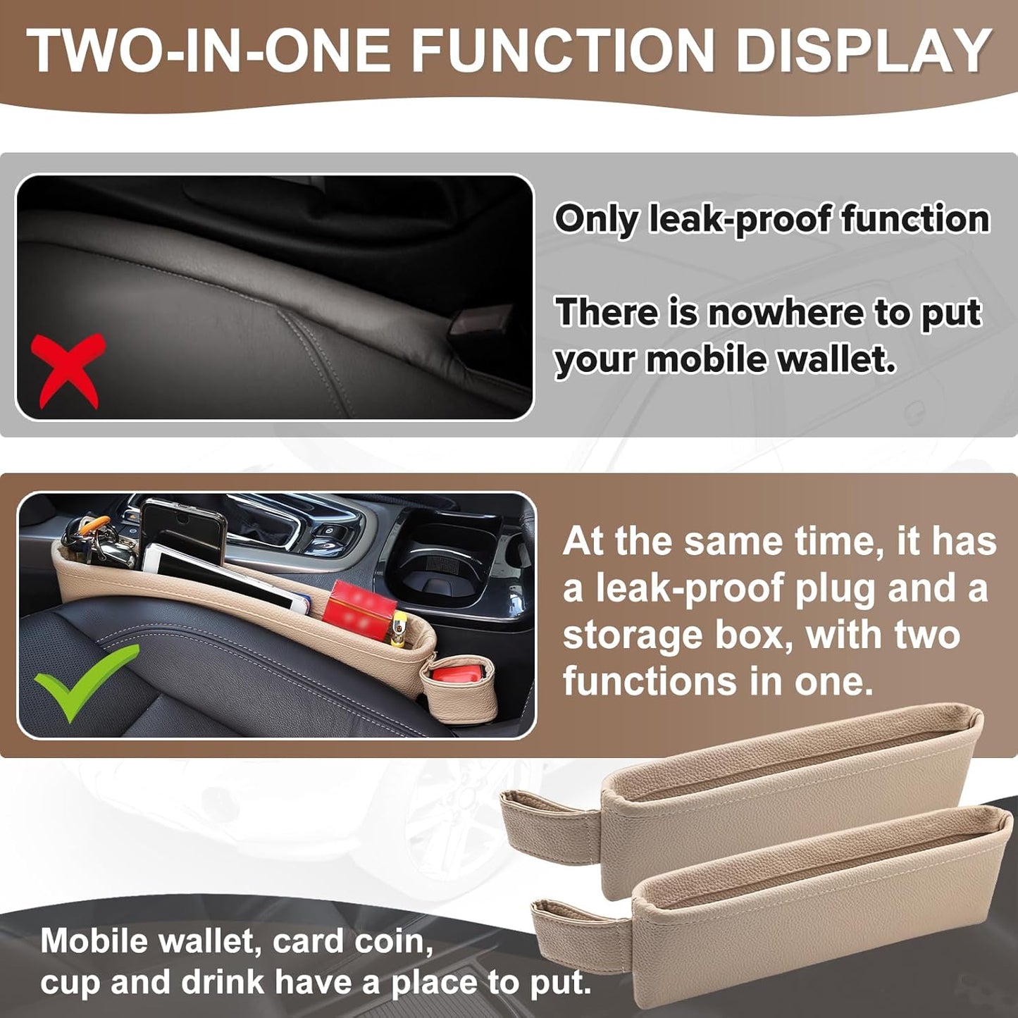 2 Pack Update Car Seat Gap Filler Organizer Leather Console Storage Box Front Side Pocket Seats Organizers Filler Interior Car Accessories for Phone Wallet Coin Key Sunglasses (Black)