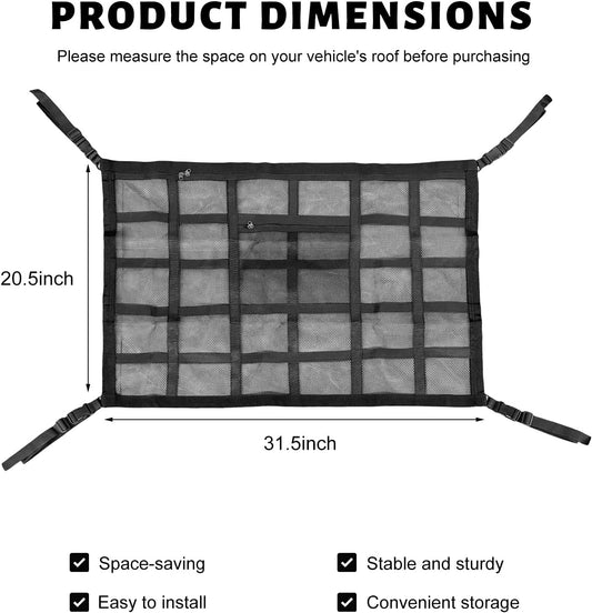 Car Ceiling Cargo Net Pocket, 31.5×20.5 Inch Double-Layer Car Roof Mesh Storage Organizer, Strengthen Load Bearing Overhead Cargo Storage Net for 4-Handle Vehicles
