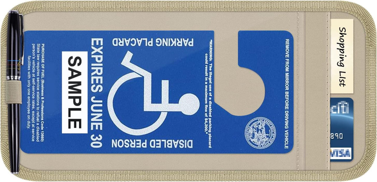 Handicap Placard Holder for Auto, Wisdompro Disabled Parking Permit Sign Protector for Car Sun Visor with Note Paper Slot, Pen Holder and Elastic Strap - Black