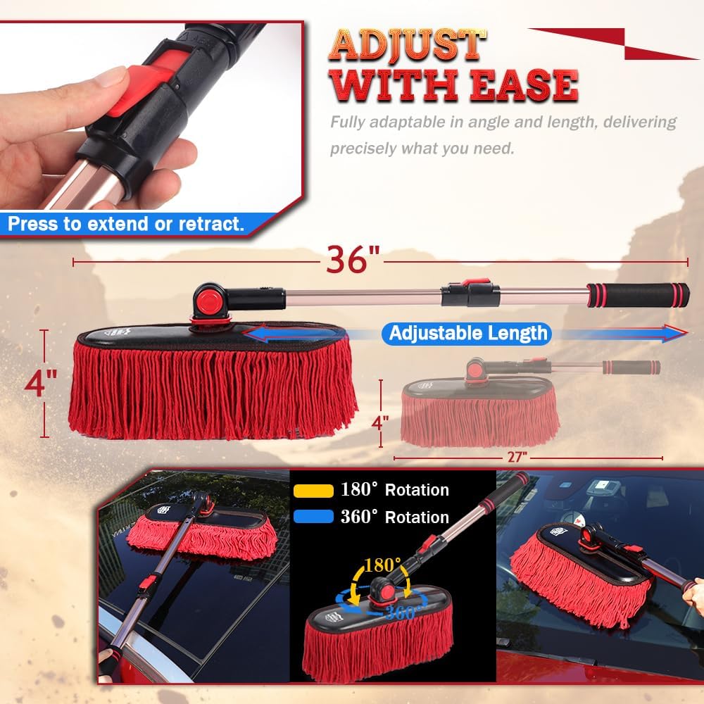 Car Duster Exterior Scratch Free,Car Dust Brush with Extendable Telescoping Handle to Remove Dust Pollen,Duster for Car,Truck,RV and Motorcycle,Large Auto Mop Duster Head, Wax Cotton Hair