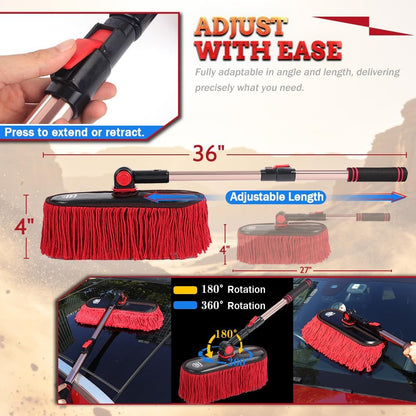 Car Duster Exterior Scratch Free,Car Dust Brush with Extendable Telescoping Handle to Remove Dust Pollen,Duster for Car,Truck,RV and Motorcycle,Large Auto Mop Duster Head, Wax Cotton Hair