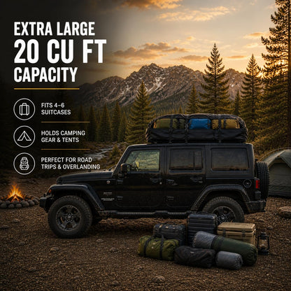 SR1 Performance USA Waterproof Rooftop Cargo Bag – Car Roof Carrier for Cars/SUVs with/Without Rack, Includes Non-Slip Mat, Heavy-Duty Straps, Lock for Secure Travel Storage (20 Cubic Feet, Jeep Logo)