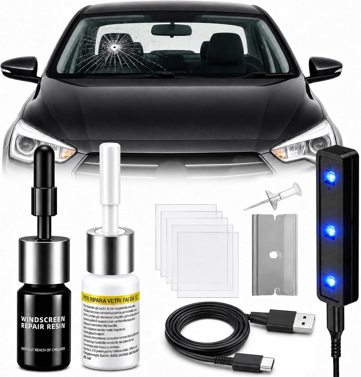 Upgraded Windshield Repair Kit for Chips & Cracks, Professional Windshield Crack Repair Kit with Type-C & UV Curing Light, Nano Car Glass Chip Repair Fluid for Star, Bulls-Eye & Long Cracks