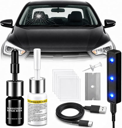 Upgraded Windshield Repair Kit for Chips & Cracks, Professional Windshield Crack Repair Kit with Type-C & UV Curing Light, Nano Car Glass Chip Repair Fluid for Star, Bulls-Eye & Long Cracks