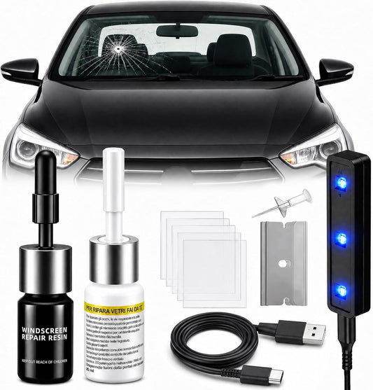 Upgraded Windshield Repair Kit for Chips & Cracks, Professional Windshield Crack Repair Kit with Type-C & UV Curing Light, Nano Car Glass Chip Repair Fluid for Star, Bulls-Eye & Long Cracks