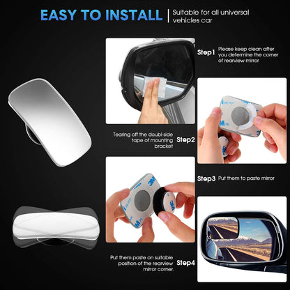 BBTO 4 Pcs Blind Spot Car Mirror 360 Convex Degree Adjustabe Glass Traffic Safety Rear View Mirror Spot Frameless Adjustable Self Adhesive Angle for Larger Image Exterior Accessories (Rectangle)