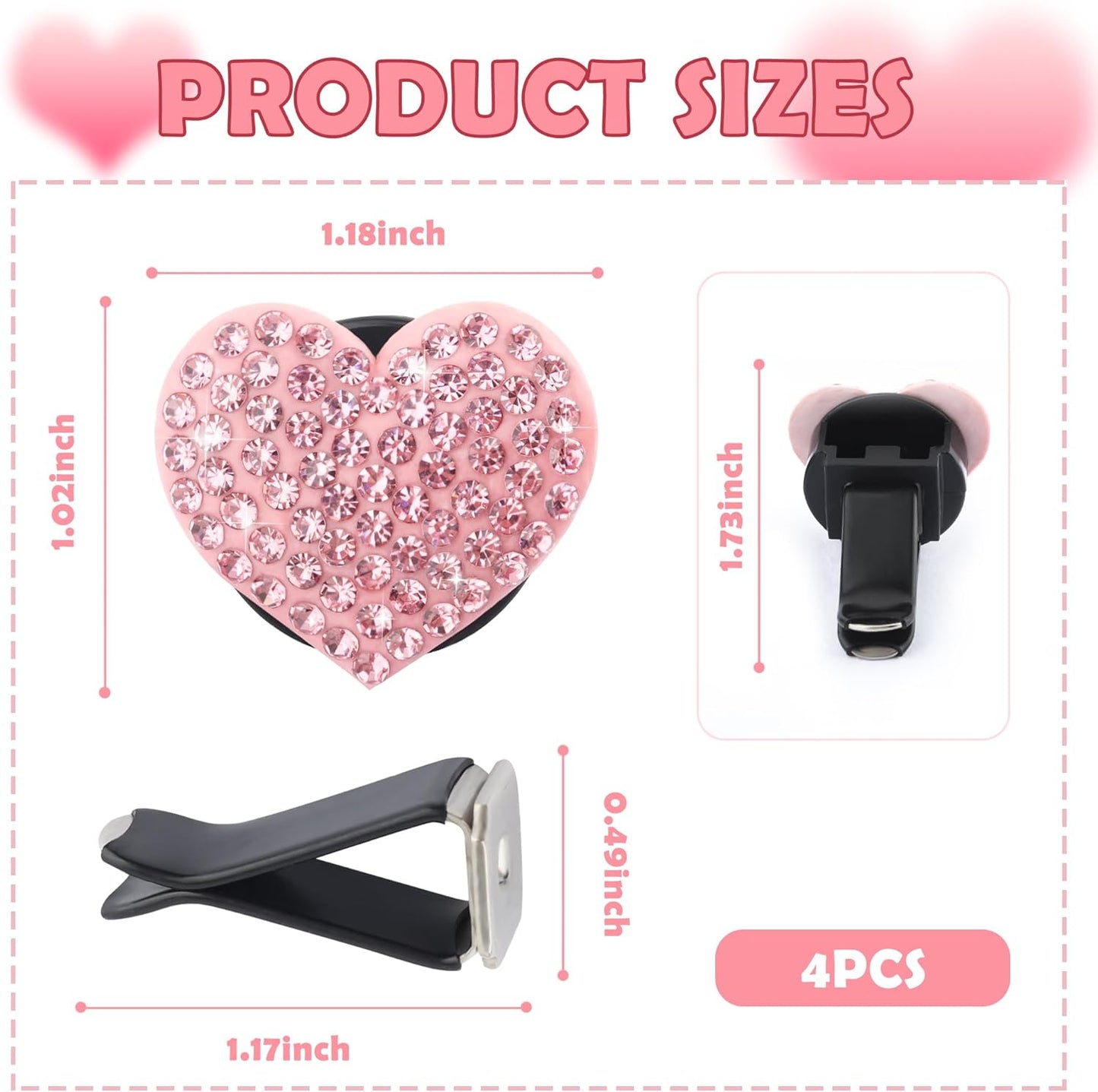 4PCS Heart-Shaped Car Vent Clips with Rhinestone,Bling Air Vent Clips Car Decorations,Premium Shiny Car Clips for Vents CCar Accessories Interior for Cars,Trucks,SUVs (Pink)