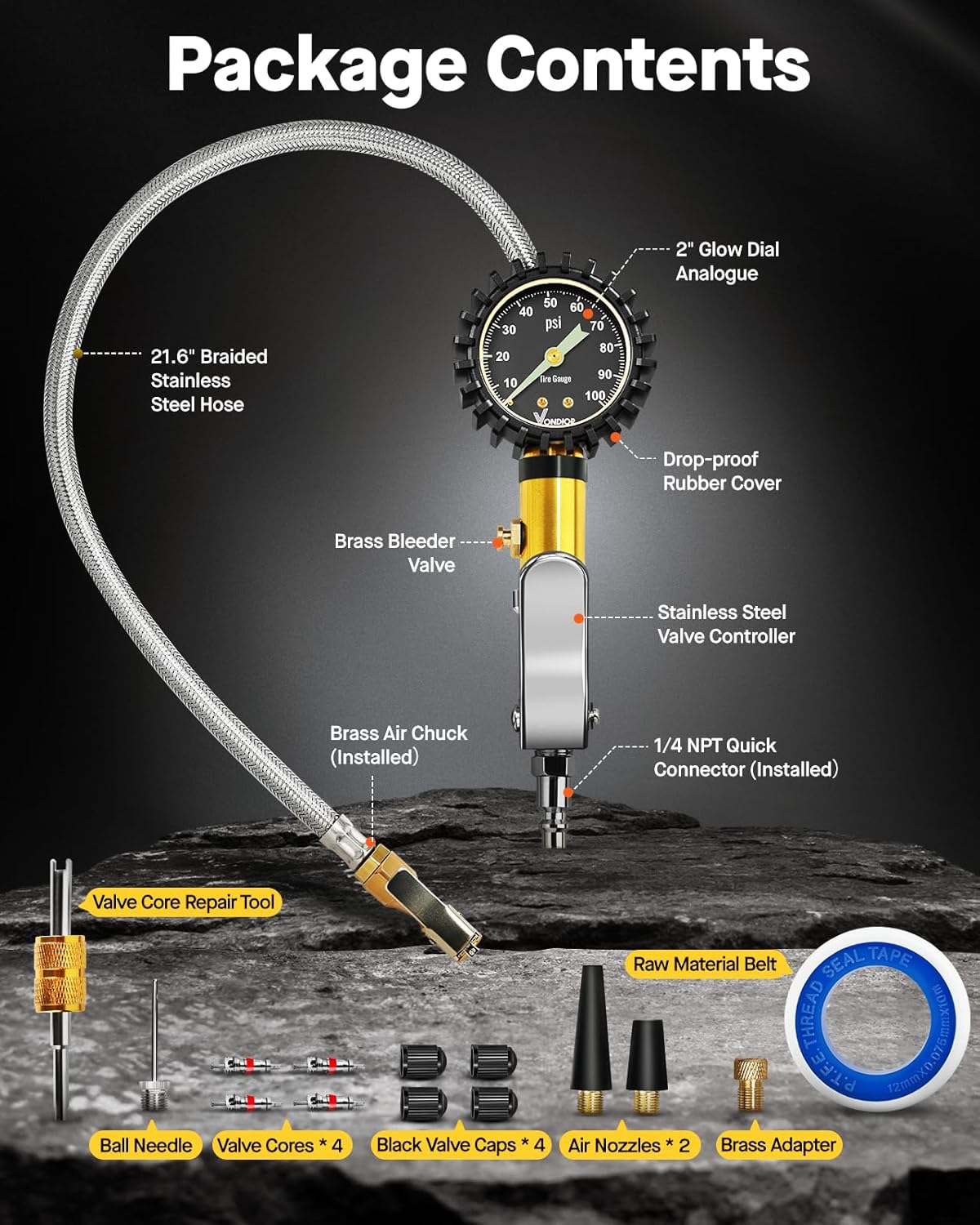 Tire Pressure Gauge - (0-60 PSI) Heavy Duty, Certified ANSI Accurate with Large 2 Inch Easy to Read Glow Dial, Low - High Air Pressure Gauge. Tire Gauge for Car and Trucks Tires by Vondior