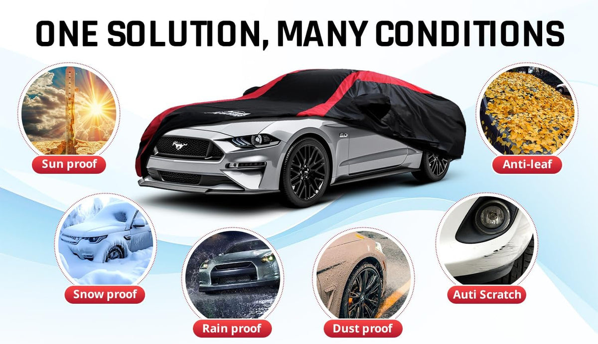 Car Cover Waterproof All Weather Protection with Red Stripe Design, Universal Fit Toyota Camry Solara, Ford Fusion, Kia Stinger Optima, Nissan Maxima, VW Passat, Subaru Legcy