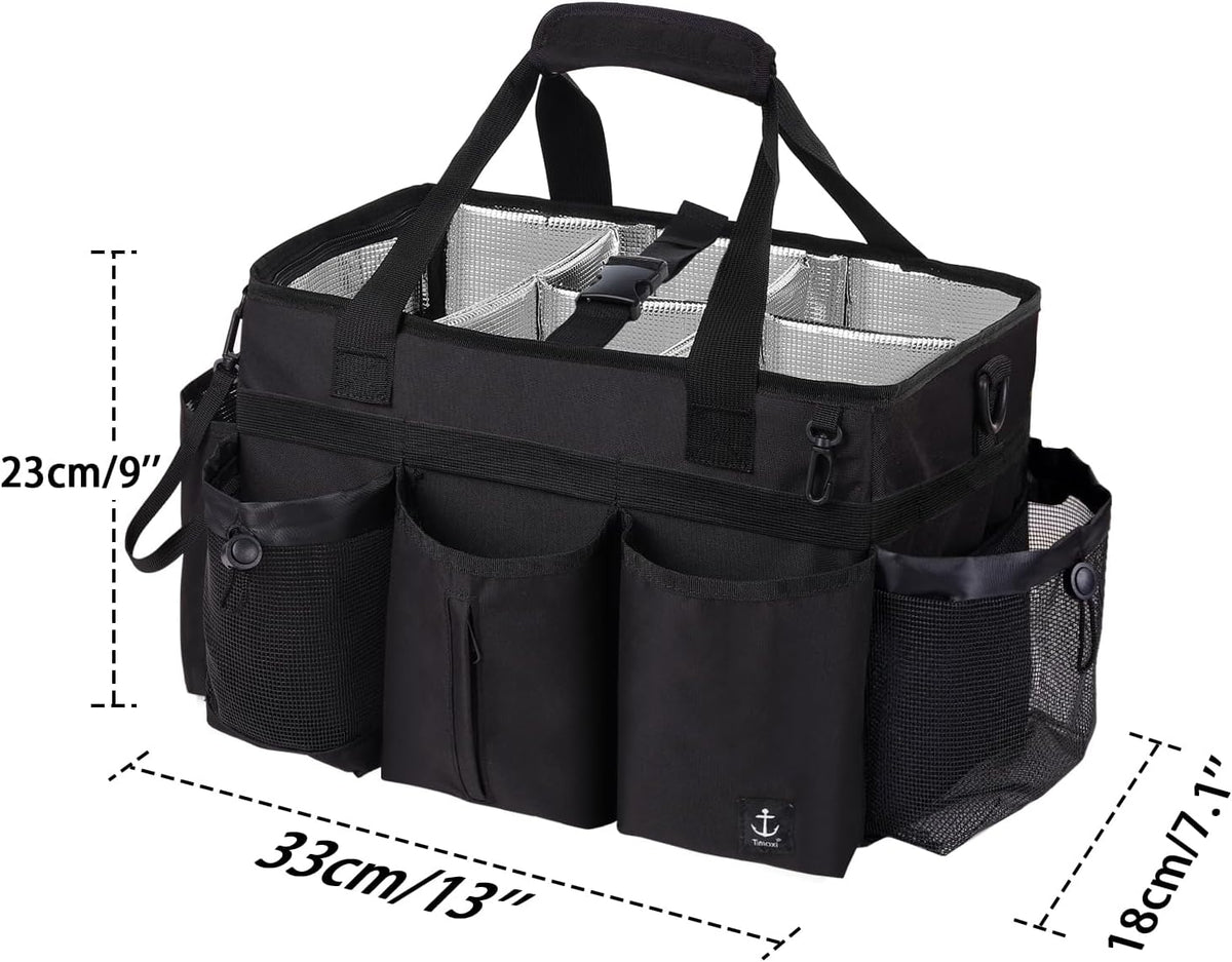 Large Cleaning Caddy Bag Built-in Sturdy Support Board, Cleaning Organizer with Detachable Divider, Cleaning Supply Tote with Adjustable Shoulder Strap&Waist Belt for Cleaners & Housekeeper