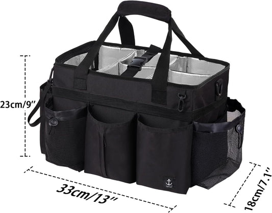 Large Cleaning Caddy Bag Built-in Sturdy Support Board, Cleaning Organizer with Detachable Divider, Cleaning Supply Tote with Adjustable Shoulder Strap&Waist Belt for Cleaners & Housekeeper