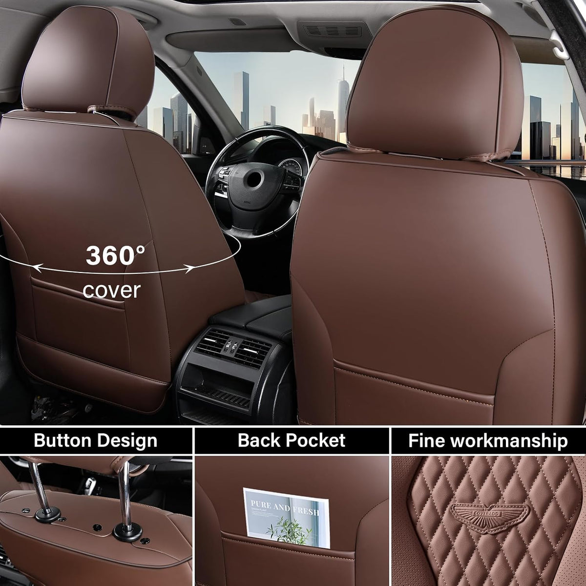 Coverado Seat Covers, Car Seat Covers Full Set, Black Car Seat Cover, Car Seat Covers Front Seats Back Seat Cover, Waterproof Car Seat Cushion, Leather Seat Covers Seat Protector Fit for Most Cars