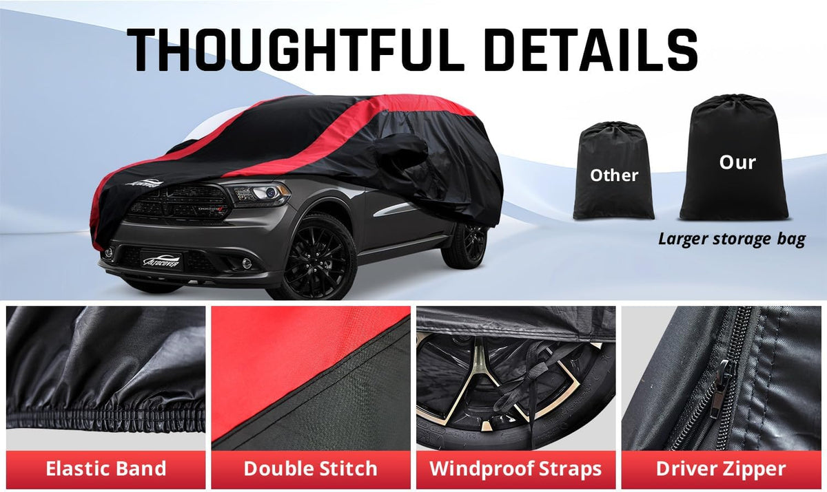 Car Cover Waterproof All Weather Protection with Red Stripe Design, Universal Fit Toyota Camry Solara, Ford Fusion, Kia Stinger Optima, Nissan Maxima, VW Passat, Subaru Legcy