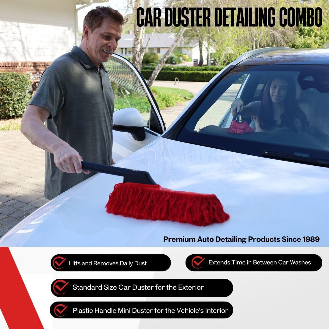 Classic California Car Duster Combo with Black Handles Original Wax-Treated Cotton Mop for Scratch-Free Dust Removal, Includes Mini Dash Duster & Storage Bag for Auto Detailing 86445 | Wax Treated Mop, Attractive Black Handles, Carryin Case