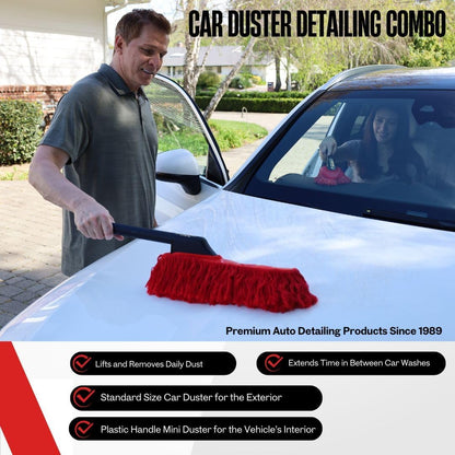 Classic California Car Duster Combo with Black Handles Original Wax-Treated Cotton Mop for Scratch-Free Dust Removal, Includes Mini Dash Duster & Storage Bag for Auto Detailing 86445 | Wax Treated Mop, Attractive Black Handles, Carryin Case