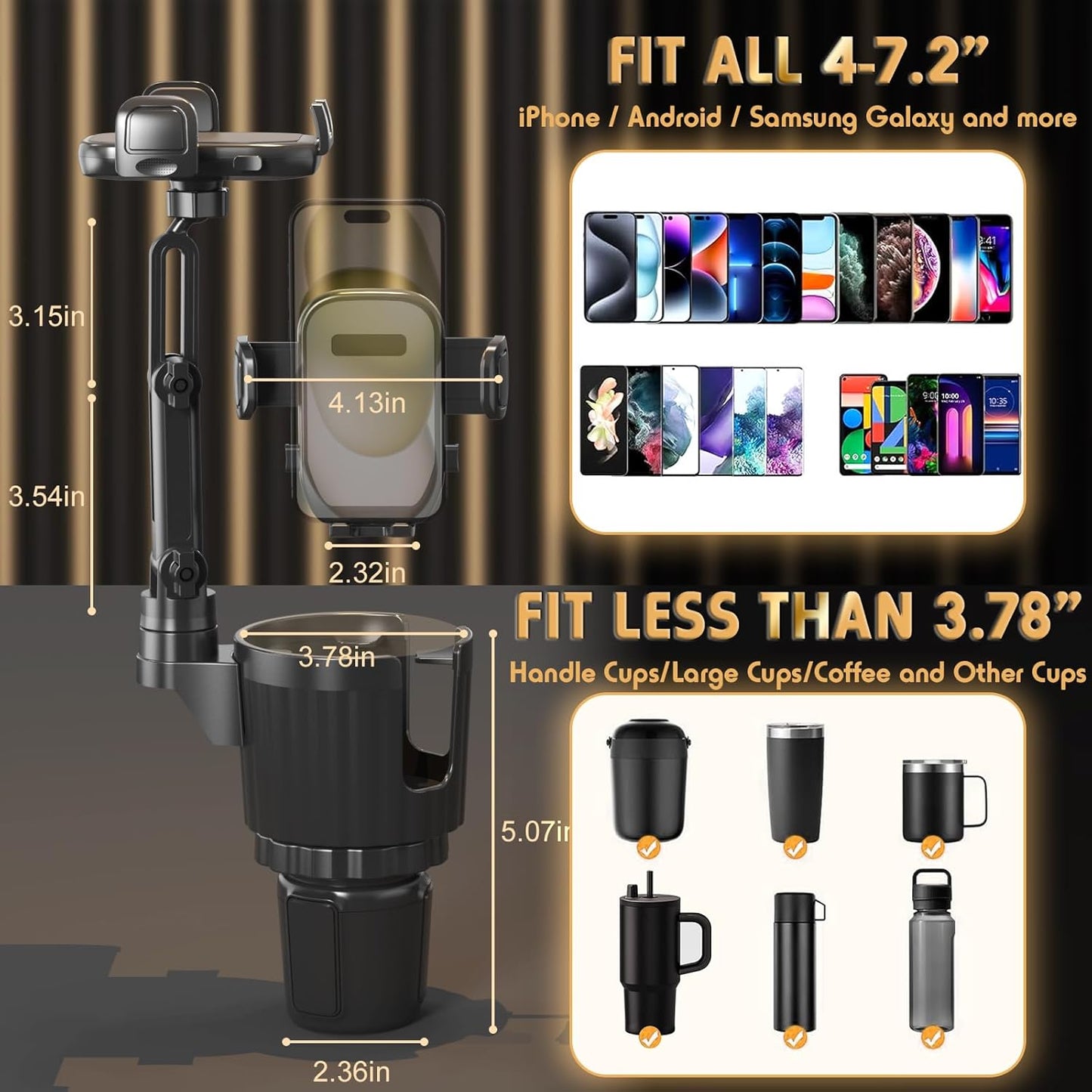 bokilino Phone Holders for Your Car, 2 in 1 Universal Cup Holder Expander Adjustable Base with Phone Mount, Long Arm with 360°Rotation Cup Holder Phones Mount for Car Compatible with All Smartphones