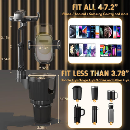 bokilino Phone Holders for Your Car, 2 in 1 Universal Cup Holder Expander Adjustable Base with Phone Mount, Long Arm with 360°Rotation Cup Holder Phones Mount for Car Compatible with All Smartphones