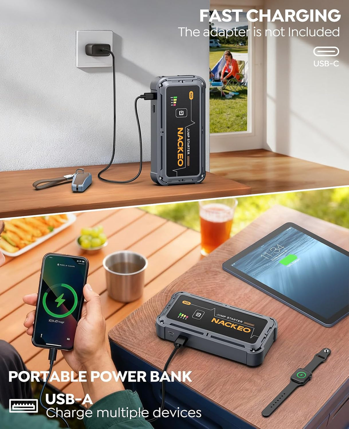 Portable Car Battery Jump Starter 5000A Car Jump Starter Battery Pack (9.0L Gas/8.5L Diesel), 12V Jump Box Car Battery Jumper Starter Portable Jumper Cables, Fast Charge, Lights, Compact