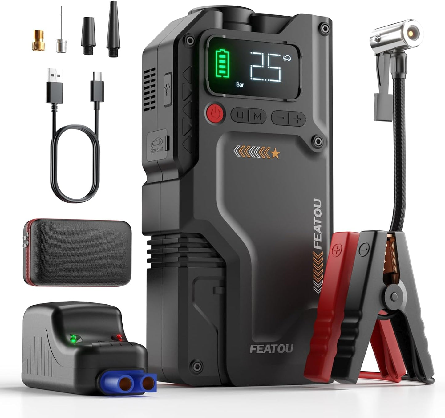 Featou Jump Starter with Air Compressor, 5 in 1 Functional Jump Box 5500A Peak Power Pack with 150PSI Digital Tire Inflator, Portable Car Charger Jumper for 9.0L Gas or 7.5L Diesel