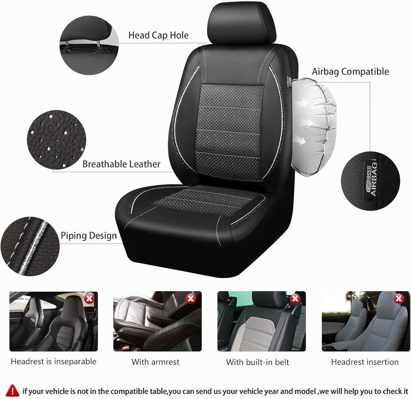 CAR PASS Universal FIT Piping Leather Two Front Seat Covers, Waterproof Faux Leather for SUV Sedan Van Truck, Airbag Compatible,Reserved Opening Holes for Headrest Covers. (Black red)