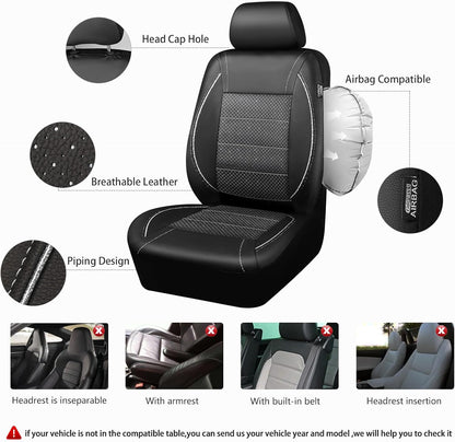 CAR PASS Universal FIT Piping Leather Two Front Seat Covers, Waterproof Faux Leather for SUV Sedan Van Truck, Airbag Compatible,Reserved Opening Holes for Headrest Covers. (Black red)