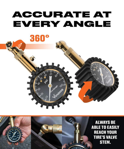 Tire Pressure Gauge - (0-60 PSI) Heavy Duty, Certified ANSI Accurate with Large 2 Inch Easy to Read Glow Dial, Low - High Air Pressure Gauge. Tire Gauge for Car and Trucks Tires by Vondior