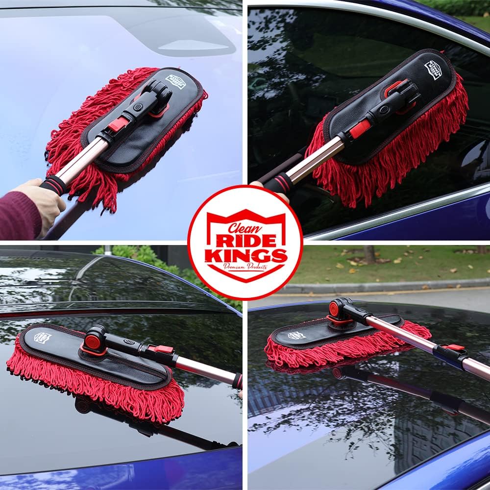 Car Duster Exterior Scratch Free,Car Dust Brush with Extendable Telescoping Handle to Remove Dust Pollen,Duster for Car,Truck,RV and Motorcycle,Large Auto Mop Duster Head, Wax Cotton Hair