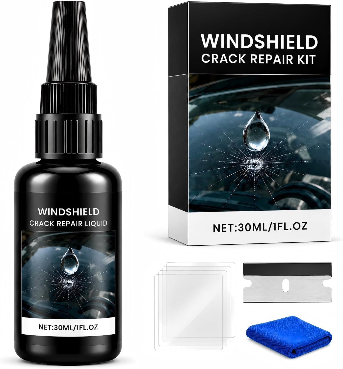 Windshield Crack Repair Kit, 2026 New Upgrate Windshield Repair Kit for Chips and Cracks with 30ml Glass Repair Liquid 1 Towel 1 Blade 5 Curing Films, Cracks Gone Glass Repair Kit (1 Black)