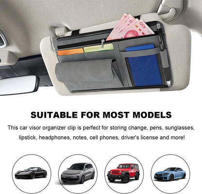 Car Sun Visor Organizer, Leather Sun Visor Pocket Organizer Case with Multi-Pocket Net Zipper, Suede Note Holder Car Visor Storage Pouch for Card Pen Sunglasses Document (Gray)