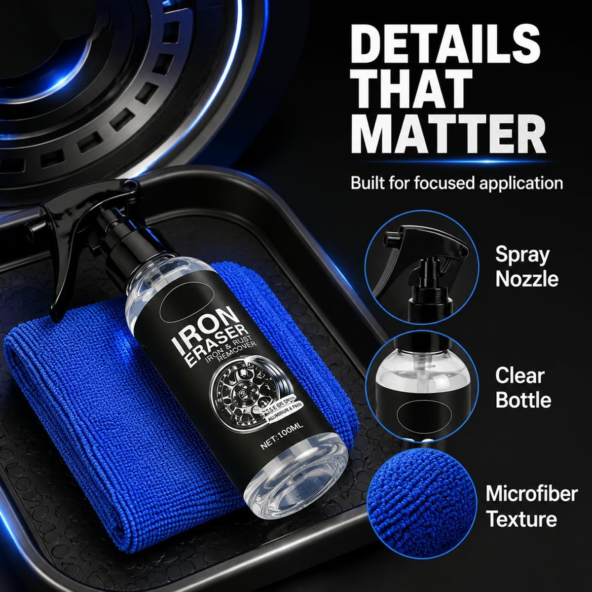 Iron Eraser Rust Remover Spray, Iron Eraser Iron and Rust Remover for Car Wheels and Paint, Fast Acting Rust and Brake Dust Remover, Professional Automotive Surface Cleaning(100ML)