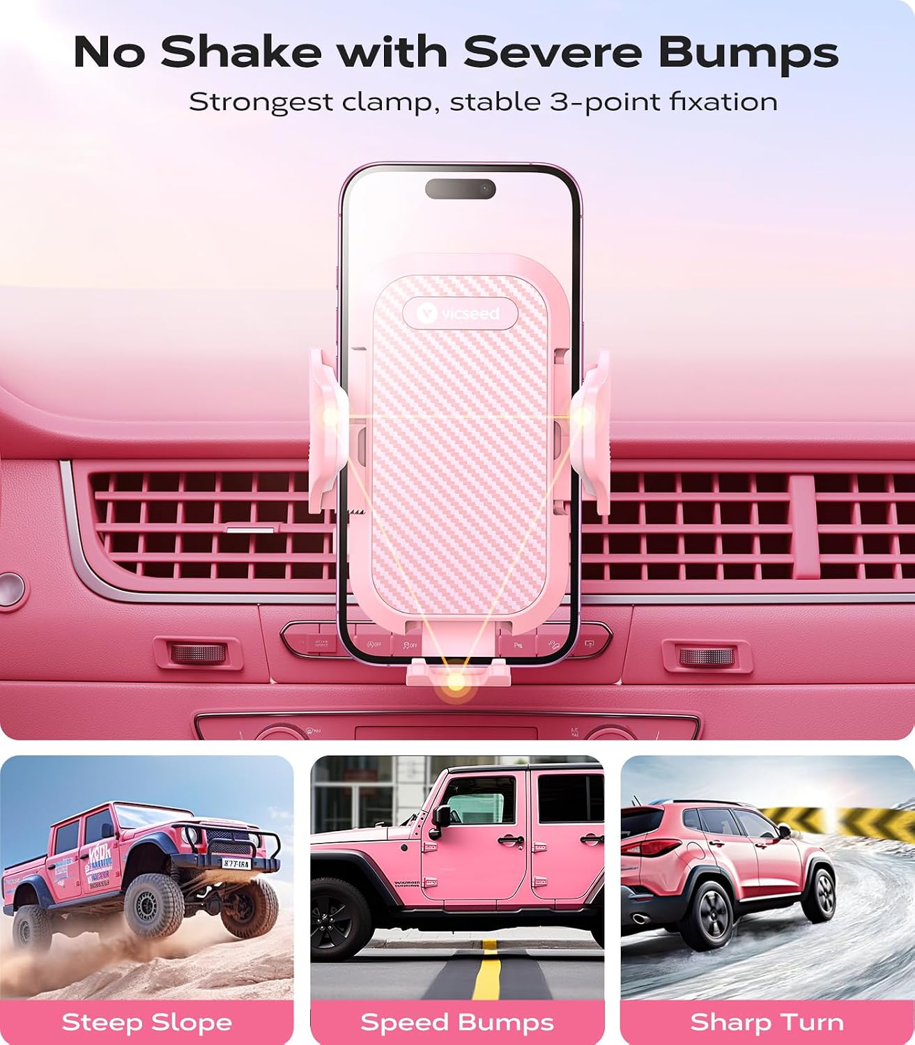 VICSEED 2026 Upgrade Ultra Stable Car Phone Holder Mount [Never Fall Off & Won't Break] Universal Air Vent Phone Mount for Car Easy Clamp Phone Holders for Your Car for iPhone 17 Pro Max 16 15 14 13